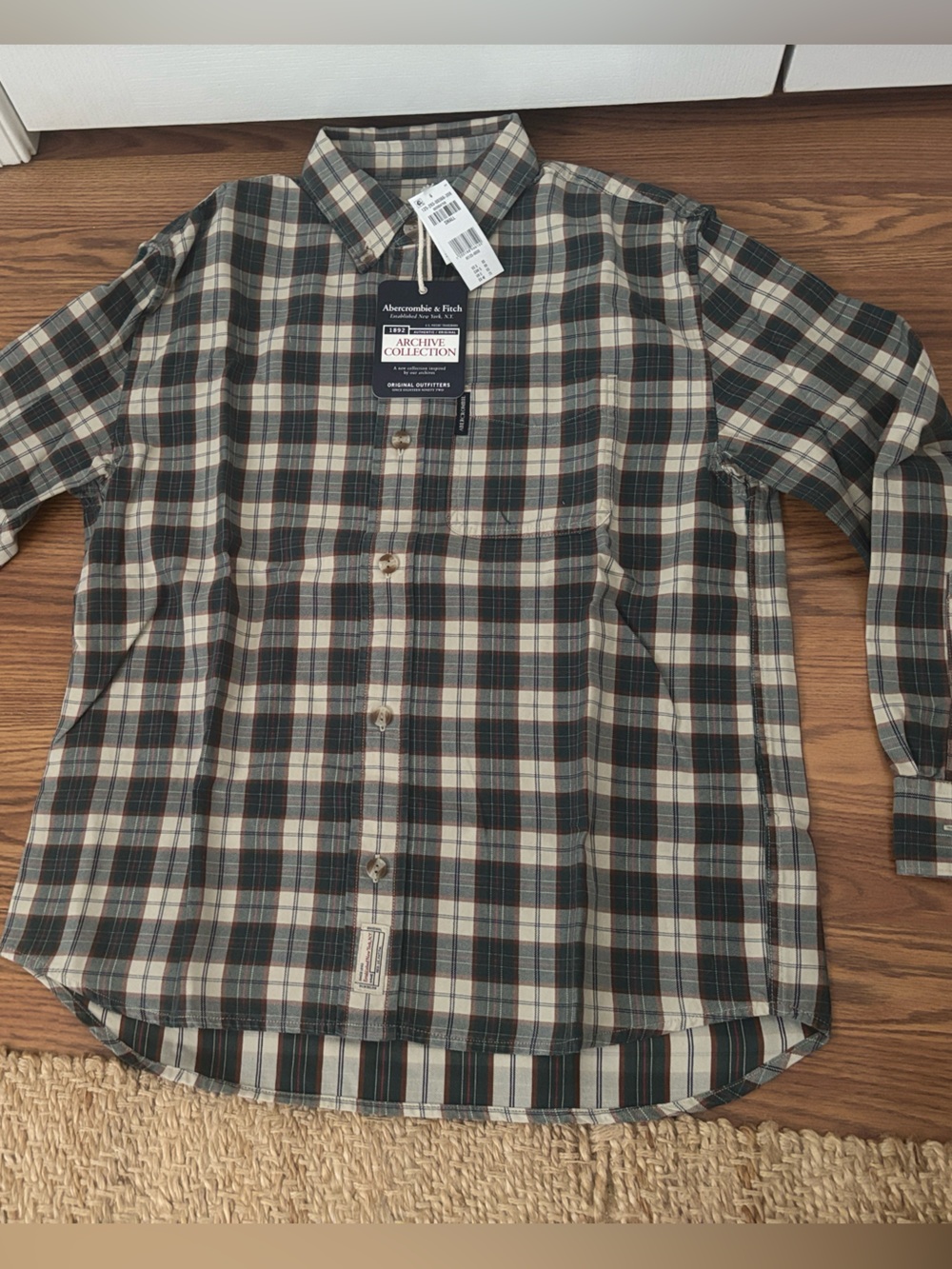 Abercrombie & Fitch Plaid Button-Up Shirt - Archive Collection, Green & Cream